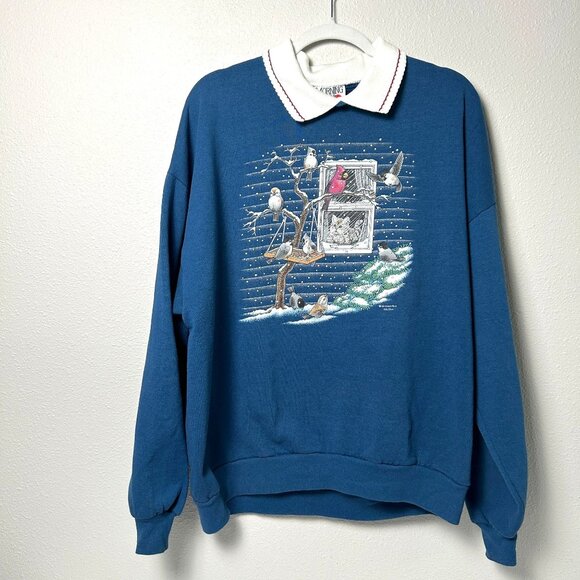 Vintage Jerzees Sweatshirt Morning Sun Size 2X Blue Cat Birds Snow Grandma USA - Picture 1 of 15